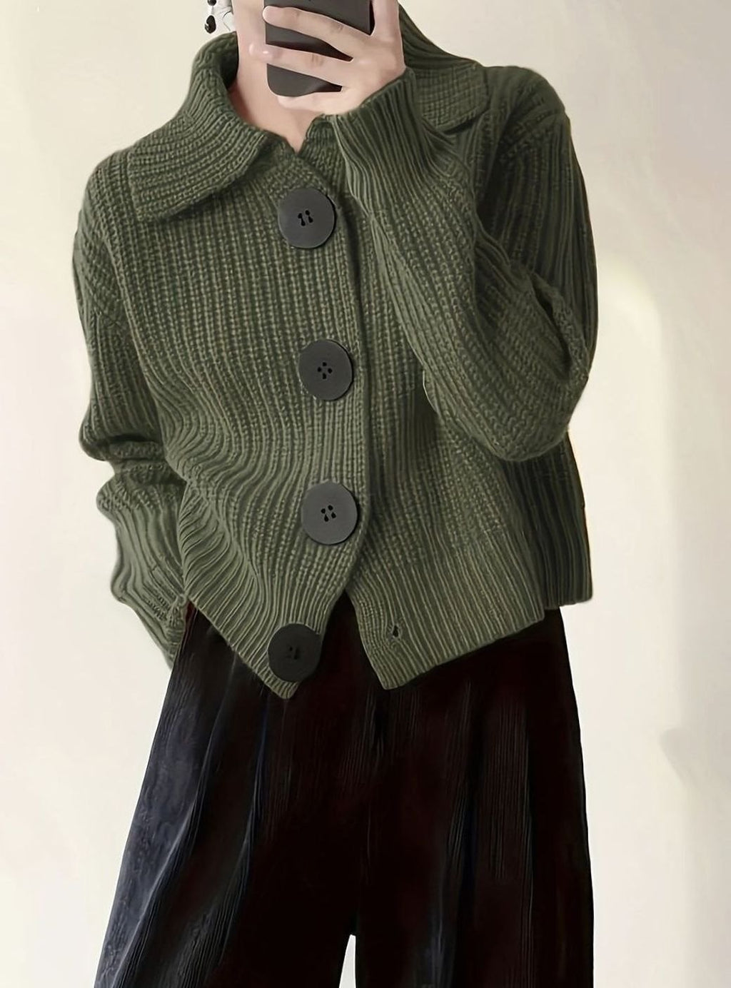 Women's Cozy Ribbed Knit Sweater Relaxed-Fit Folded Collar Pullover - Fern Green