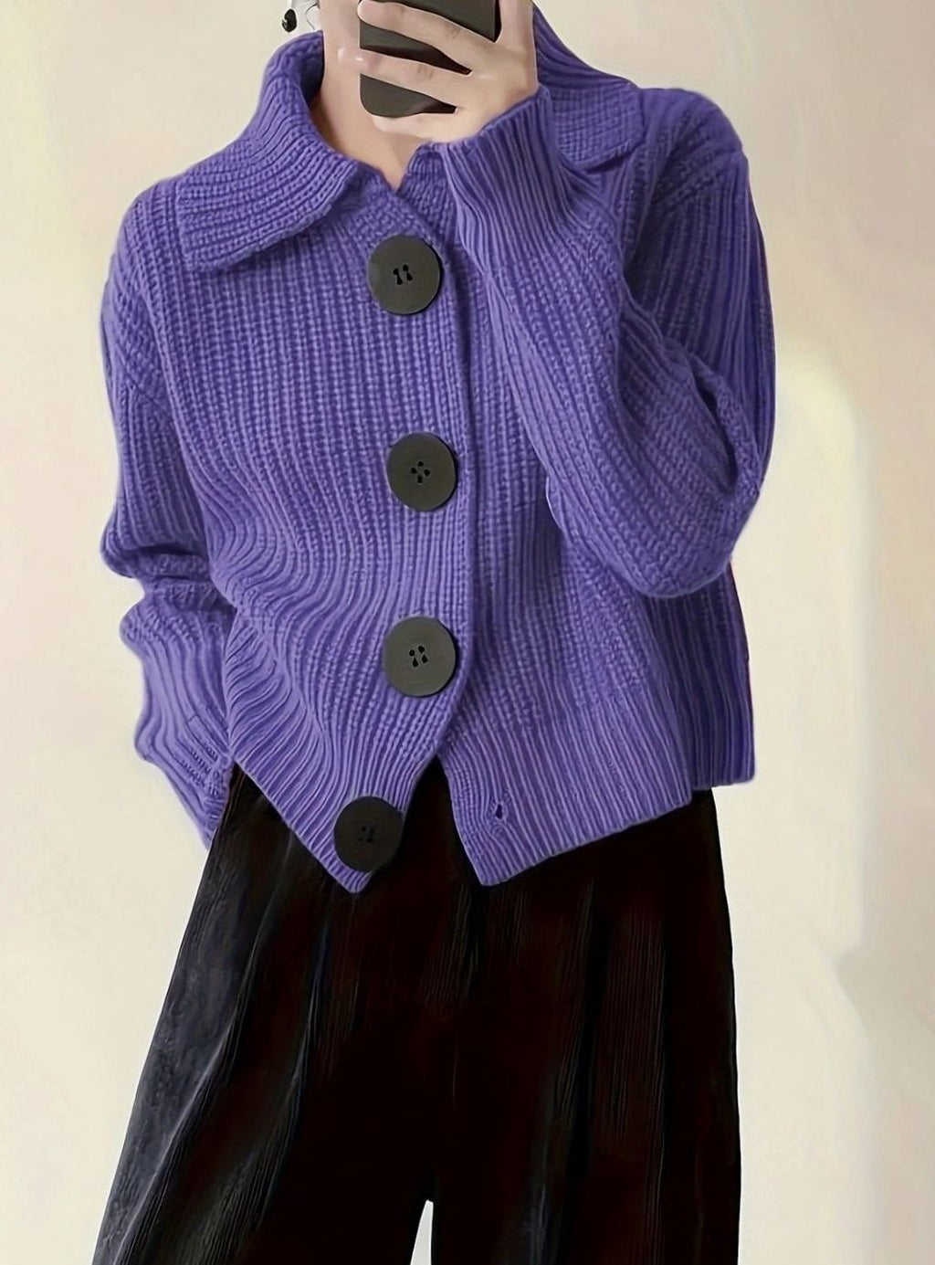 Women's Cozy Ribbed Knit Sweater Relaxed-Fit Folded Collar Pullover - Purple