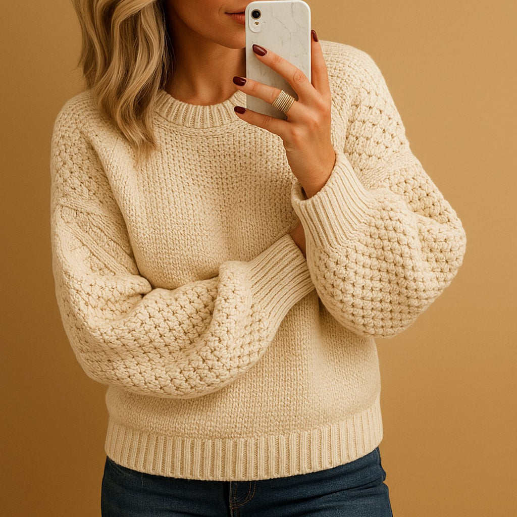 Women's Cozy Textured Knit Sweater Relaxed-Fit Crew Neck Pullover - Beige
