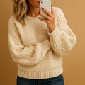 Women's Cozy Textured Knit Sweater Relaxed-Fit Crew Neck Pullover - Beige