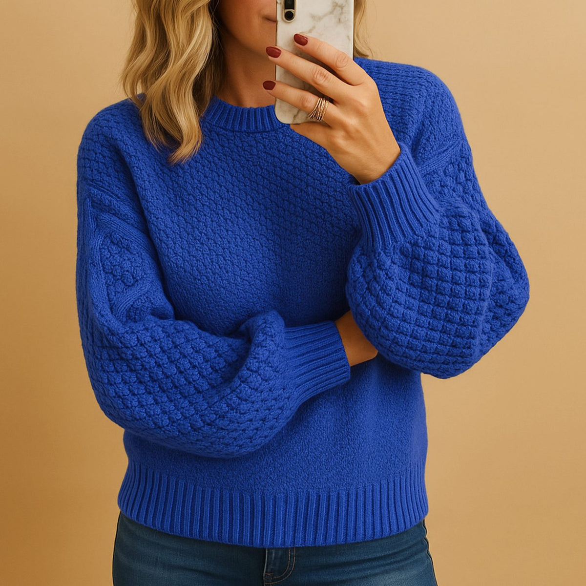 Women's Cozy Textured Knit Sweater Relaxed-Fit Crew Neck Pullover - Blue