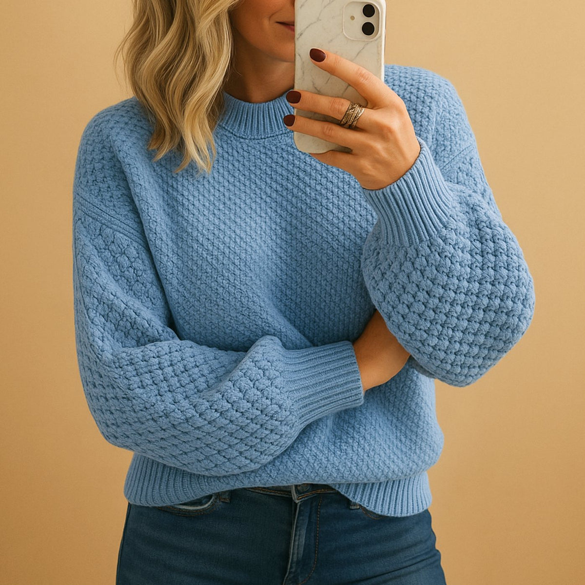 Women's Cozy Textured Knit Sweater Relaxed-Fit Crew Neck Pullover - Light Blue