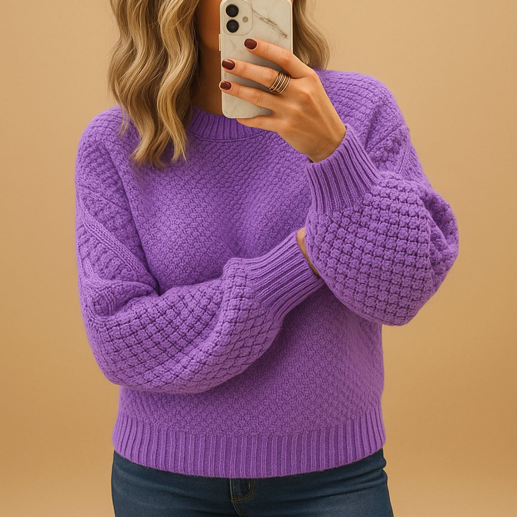 Women's Cozy Textured Knit Sweater Relaxed-Fit Crew Neck Pullover - Purple