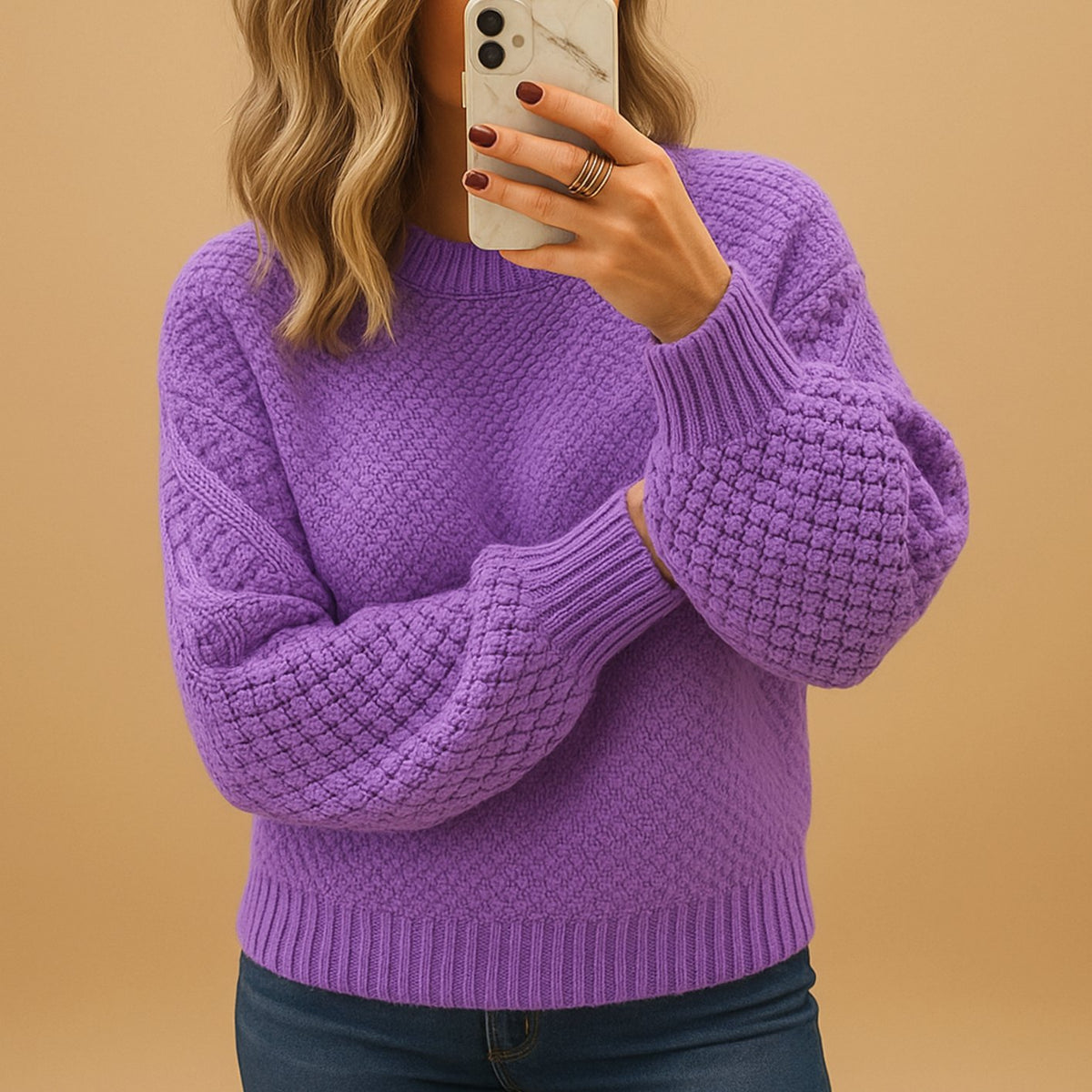 Women's Cozy Textured Knit Sweater Relaxed-Fit Crew Neck Pullover - Purple