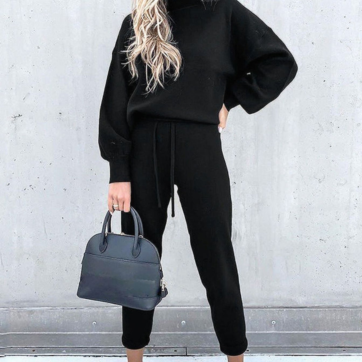 Women's Cozy Two-Piece Relaxed-Fit Drawstring Tracksuit Outfit - Black