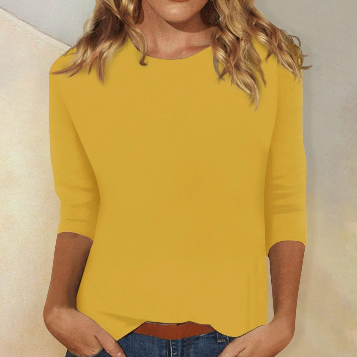 Women's Crew-Neck 3/4 Sleeve Relaxed Casual Top - Yellow