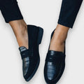 Women's Croc-Embossed Suede Slip-On Penny Loafers, Black - Black
