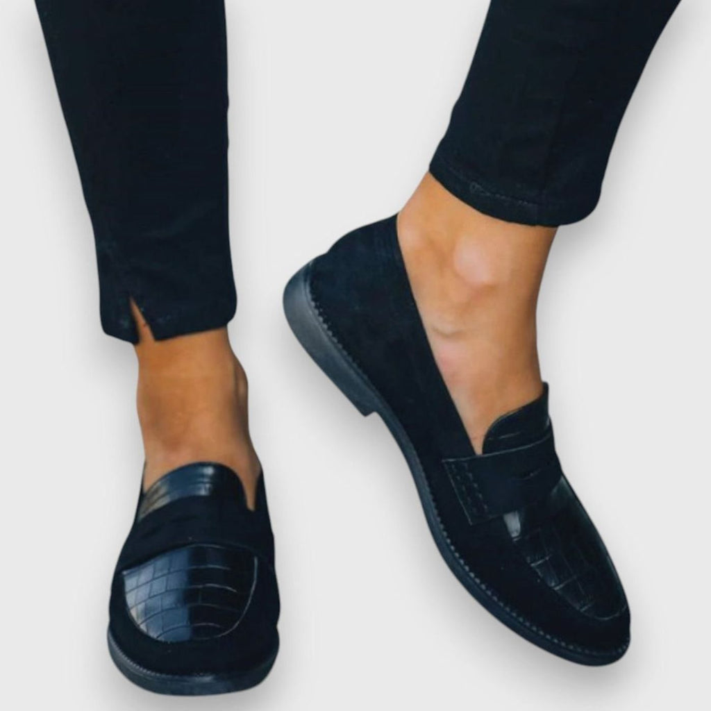 Women's Croc-Embossed Suede Slip-On Penny Loafers, Black