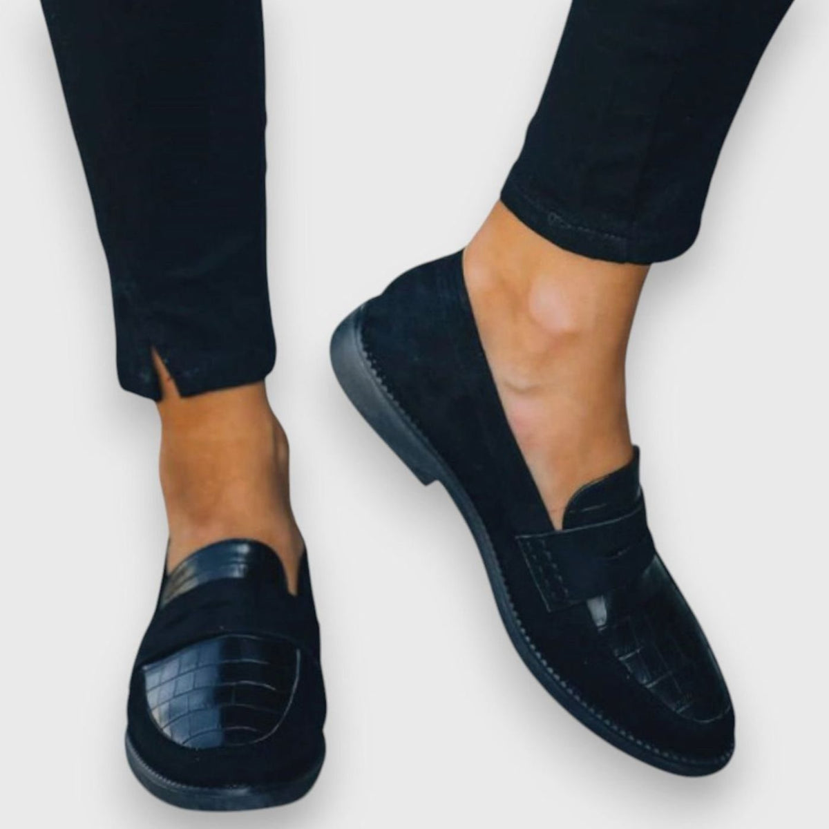Women's Croc-Embossed Suede Slip-On Penny Loafers, Black