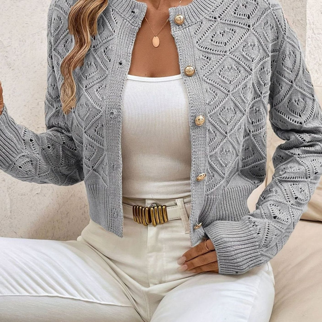 Women's Cropped Diamond-Knit Button-Front Cardigan - Gray