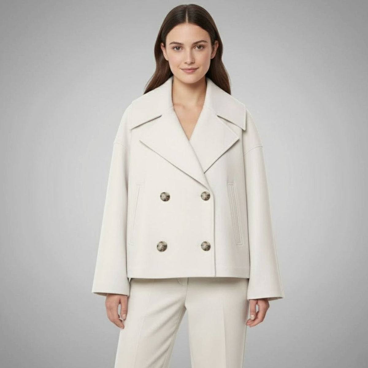Women's Cropped Double-Breasted Tailored Short Jacket - Beige