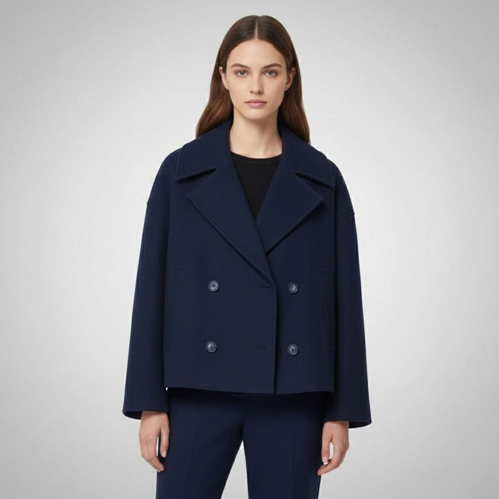 Women's Cropped Double-Breasted Tailored Short Jacket - Navy Blue