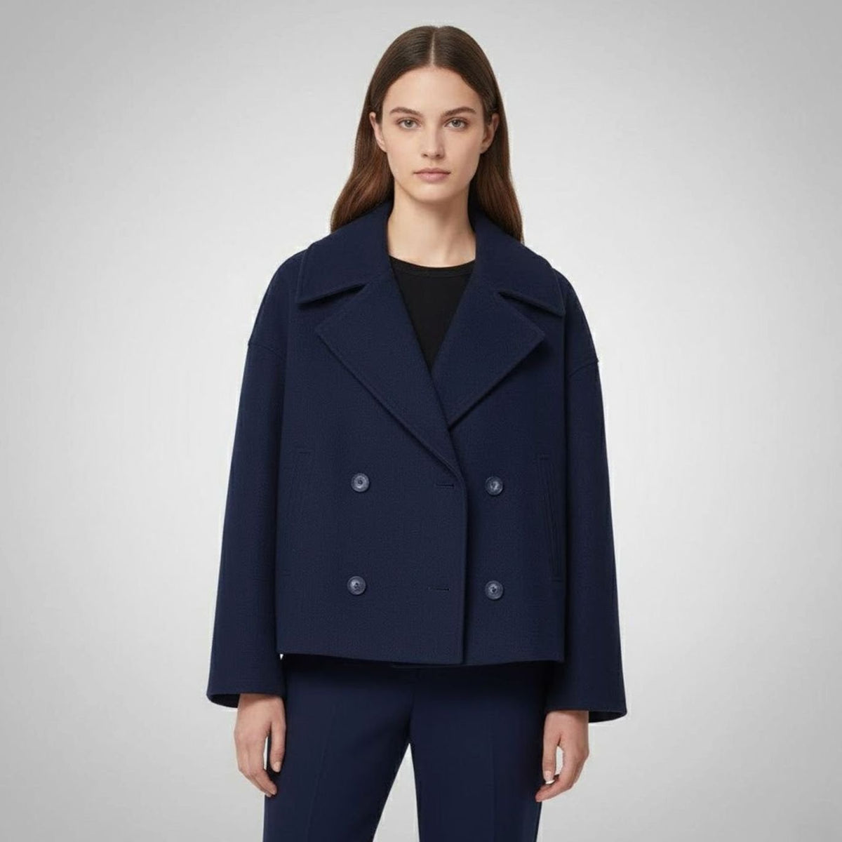 Women's Cropped Double-Breasted Tailored Short Jacket - Navy Blue