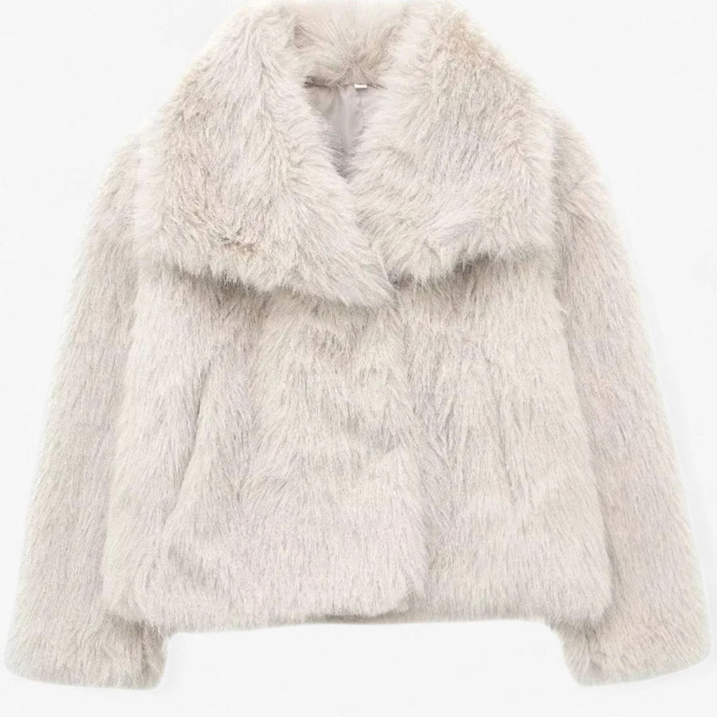 Women's Cropped Faux Fur Oversized-Collar Warm Jacket - Beige
