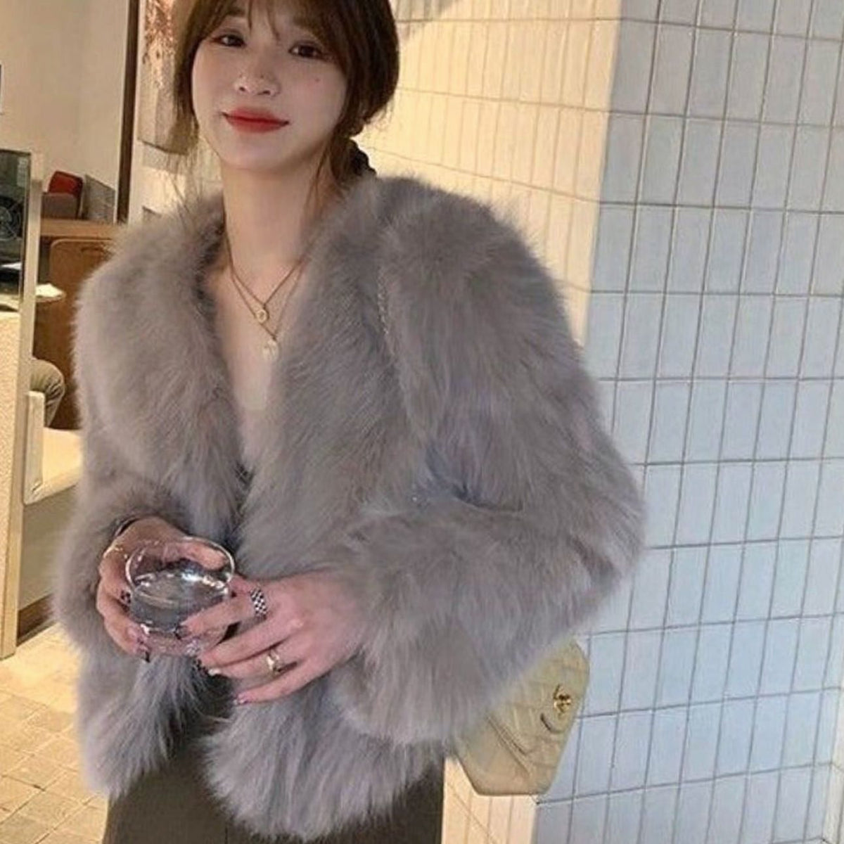 Women's Cropped Faux Fur Party Jacket - Soft Mist Cocoa