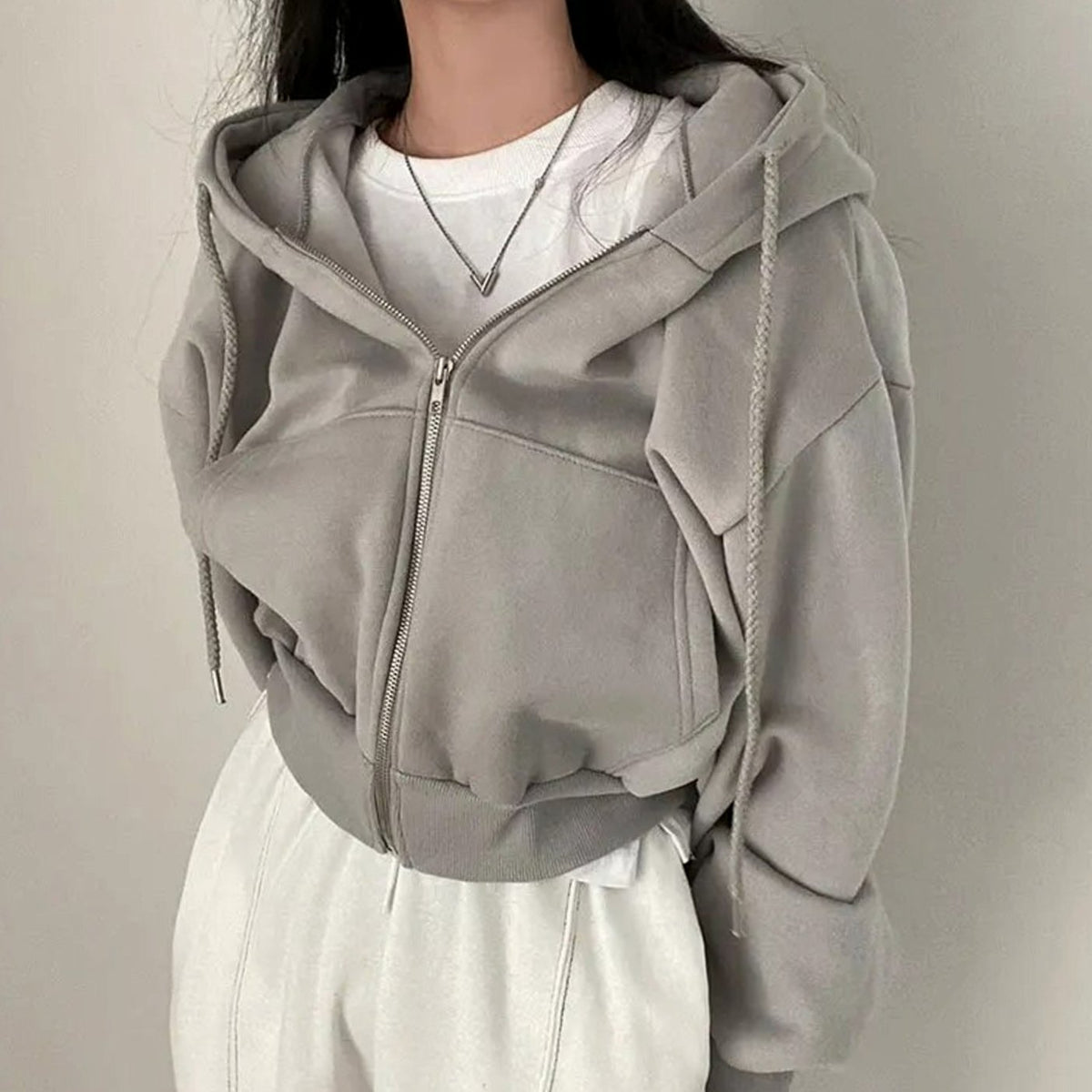 Women's Cropped Fleece Zip-Up Hoodie Drawstring Relaxed Fit Sweatshirt - Grey
