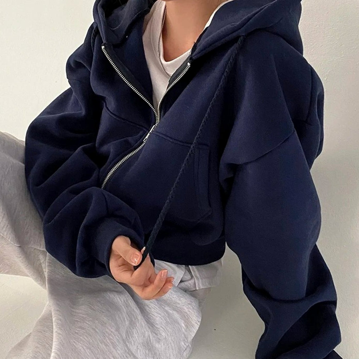 Women's Cropped Fleece Zip-Up Hoodie Drawstring Relaxed Fit Sweatshirt - Blue