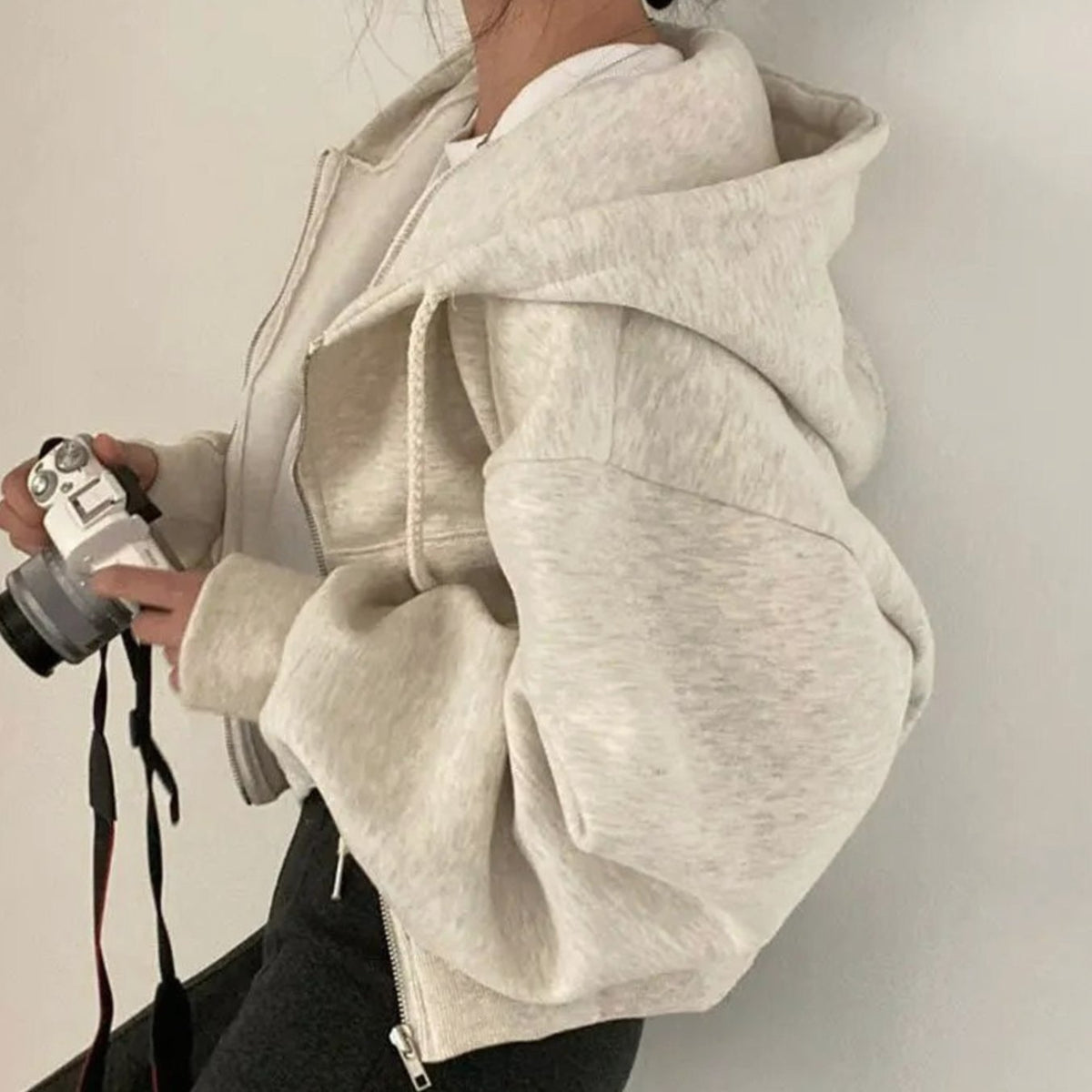 Women's Cropped Fleece Zip-Up Hoodie Drawstring Relaxed Fit Sweatshirt - Beige