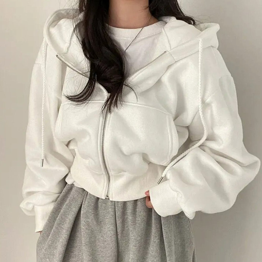 Women's Cropped Fleece Zip-Up Hoodie Drawstring Relaxed Fit Sweatshirt - White