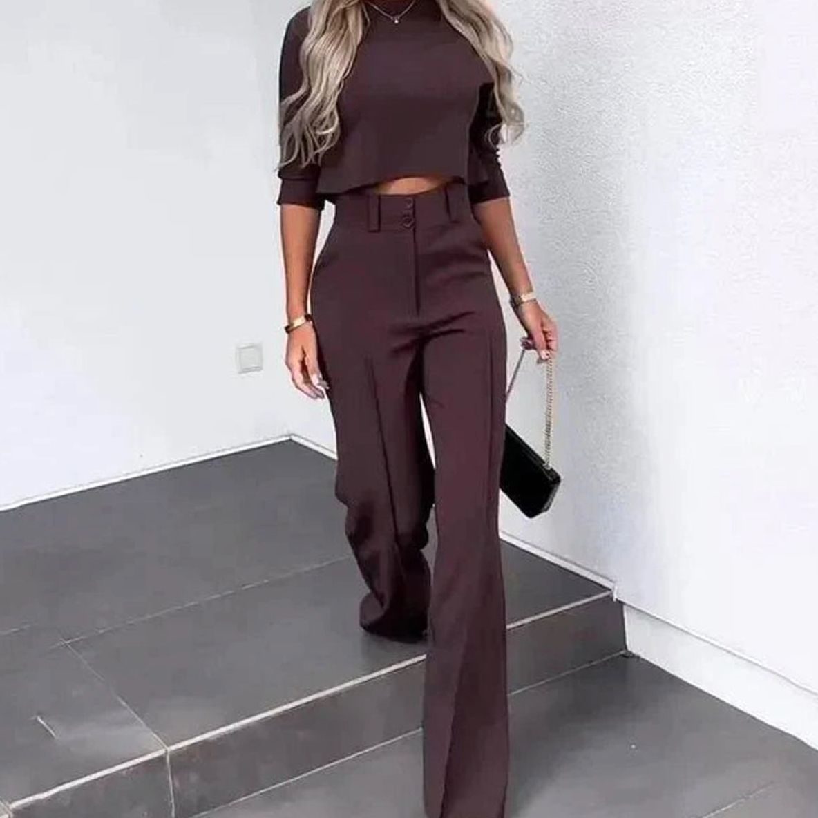 Women's Cropped Matching Top High-Waist Wide-Leg Pants Two-Piece Set - Brown