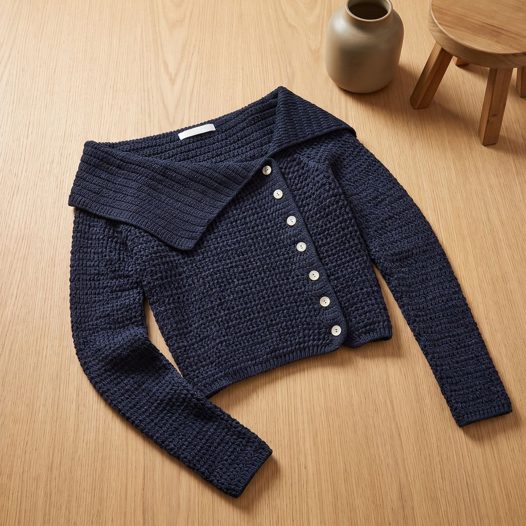Women's Cropped Off-Shoulder Button-Front Knit Cardigan - Navy Blue