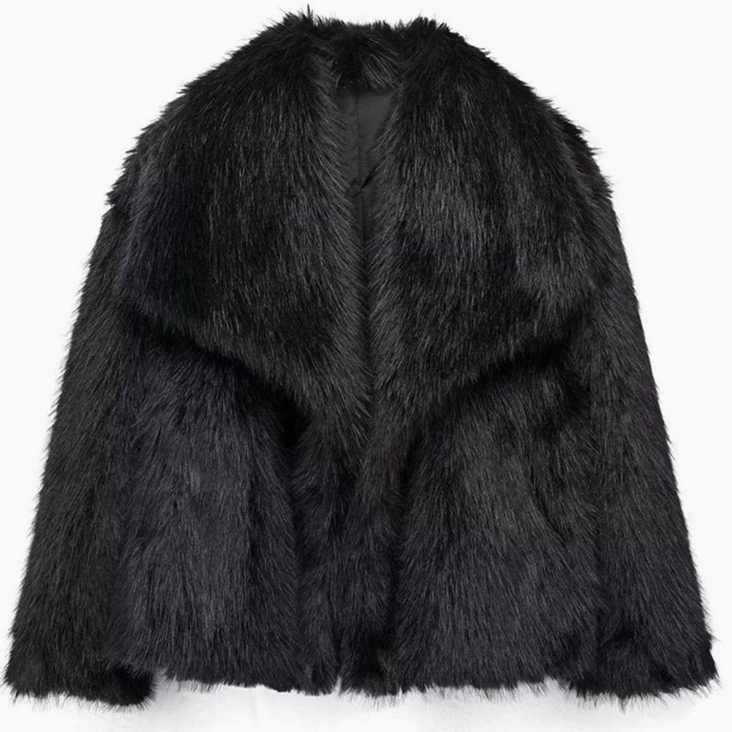 Women's Cropped Open-Front Faux Fur Winter Jacket - Black