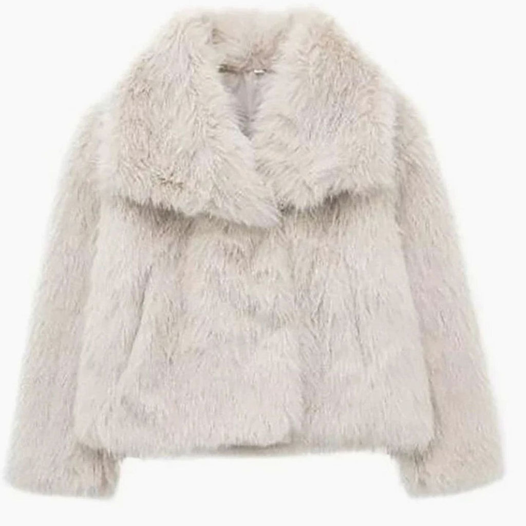 Women's Cropped Open-Front Faux Fur Winter Jacket - Cream
