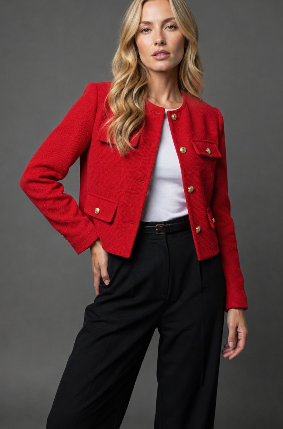 Women's Cropped Tweed Blazer Collarless Gold-Button Flap-Pocket Jacket, Light Blue - Red