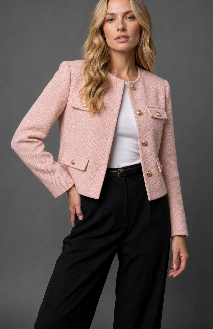 Women's Cropped Tweed Blazer Collarless Gold-Button Flap-Pocket Jacket, Light Blue - Light Pink