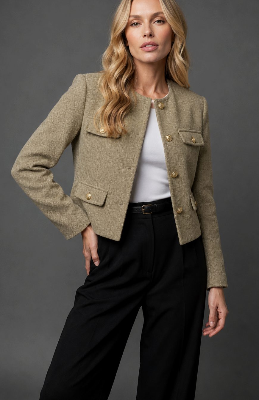 Women's Cropped Tweed Blazer Collarless Gold-Button Flap-Pocket Jacket, Light Blue - Olive