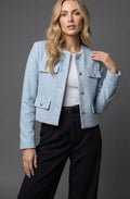 Women's Cropped Tweed Blazer Collarless Gold-Button Flap-Pocket Jacket, Light Blue - Light Blue