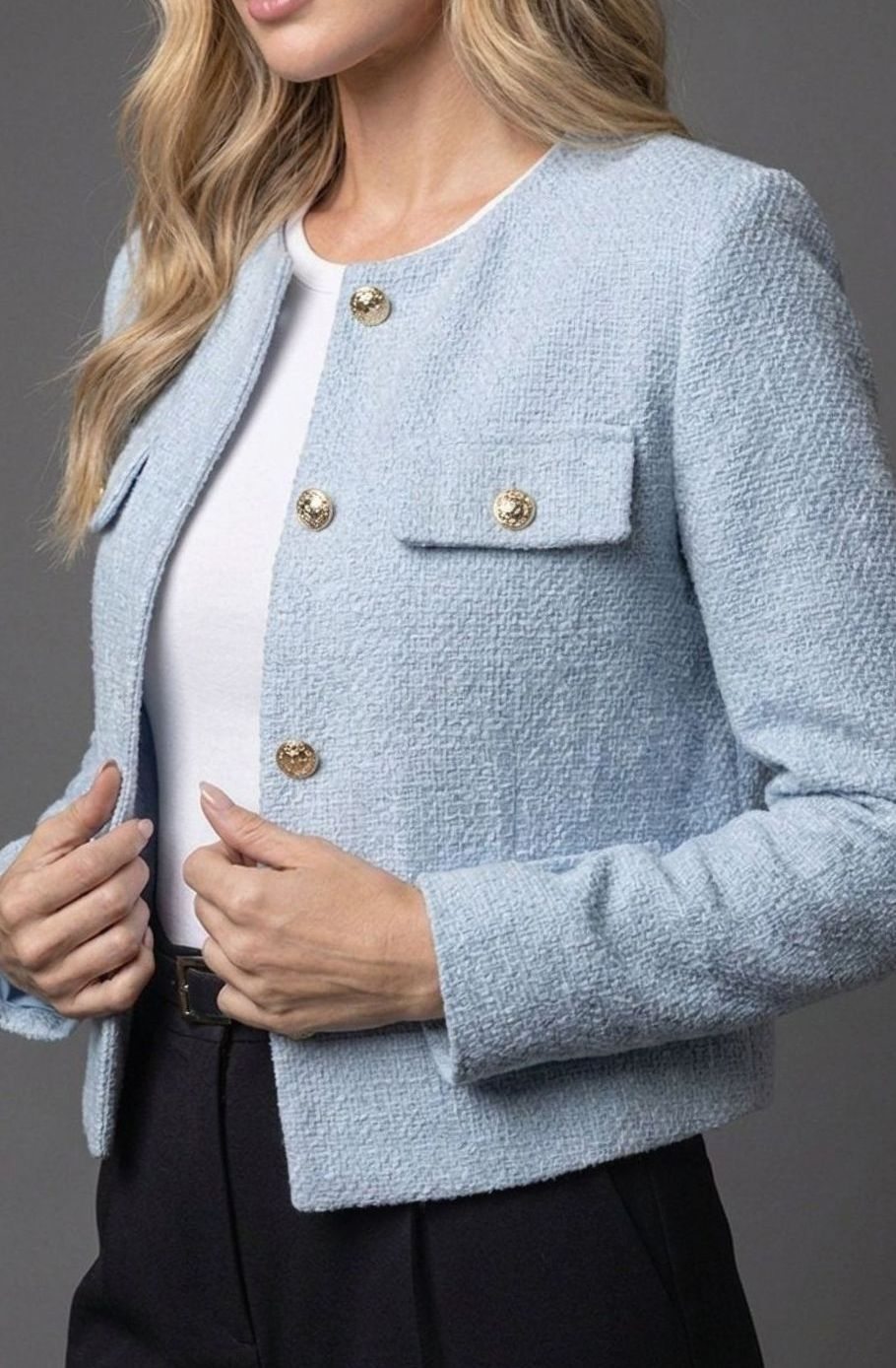 Women's Cropped Tweed Blazer Collarless Gold-Button Flap-Pocket Jacket