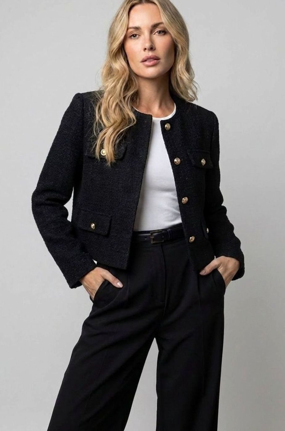 Women's Cropped Tweed Blazer Collarless Gold-Button Flap-Pocket Jacket, Light Blue - Black