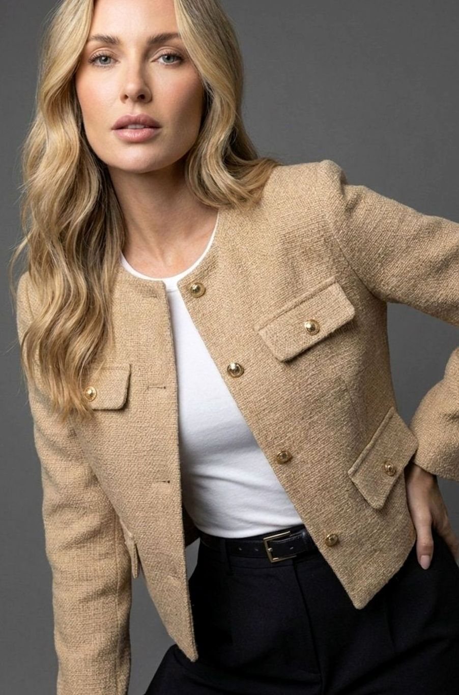 Women's Cropped Tweed Blazer Collarless Gold-Button Flap-Pocket Jacket, Light Blue - Khaki