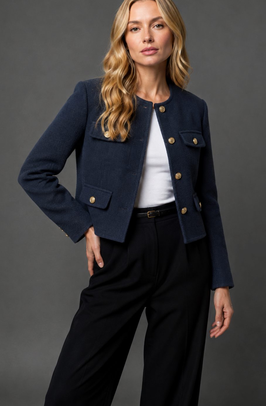 Women's Cropped Tweed Blazer Collarless Gold-Button Flap-Pocket Jacket, Light Blue - Navy Blue