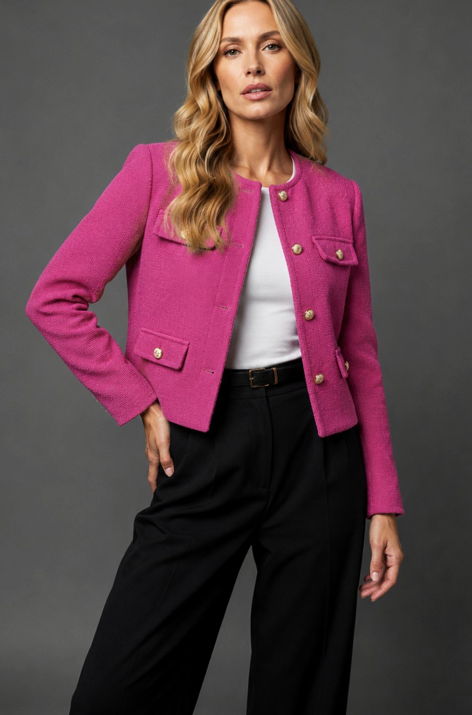 Women's Cropped Tweed Blazer Collarless Gold-Button Flap-Pocket Jacket, Light Blue - Pink