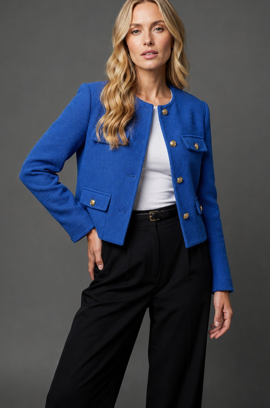 Women's Cropped Tweed Blazer Collarless Gold-Button Flap-Pocket Jacket, Light Blue - Blue