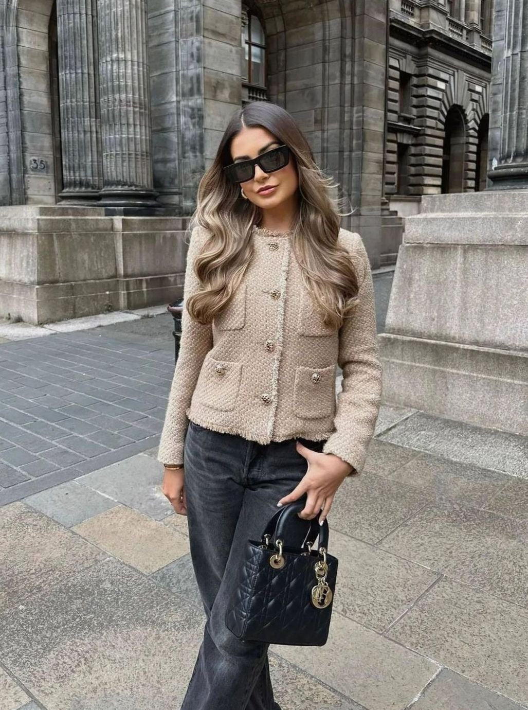 Women's Cropped Tweed Gold-Button Blazer Jacket