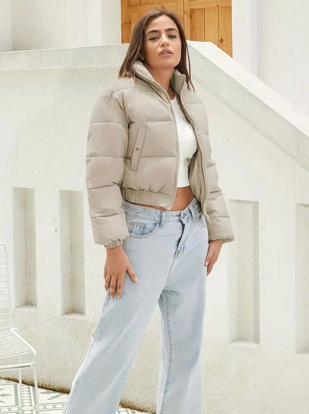 Women's Cropped Zip-Up Stand-Collar Puffer Jacket
