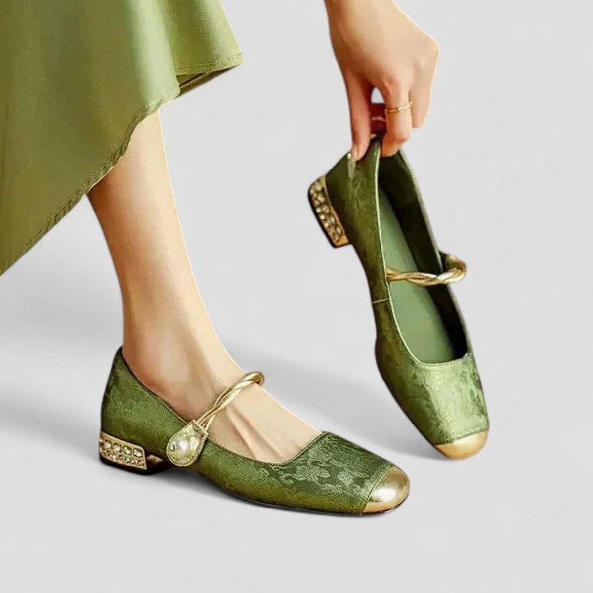 Women's Cushioned Low-Heel Mary Jane Shoes with Adjustable Strap - Green