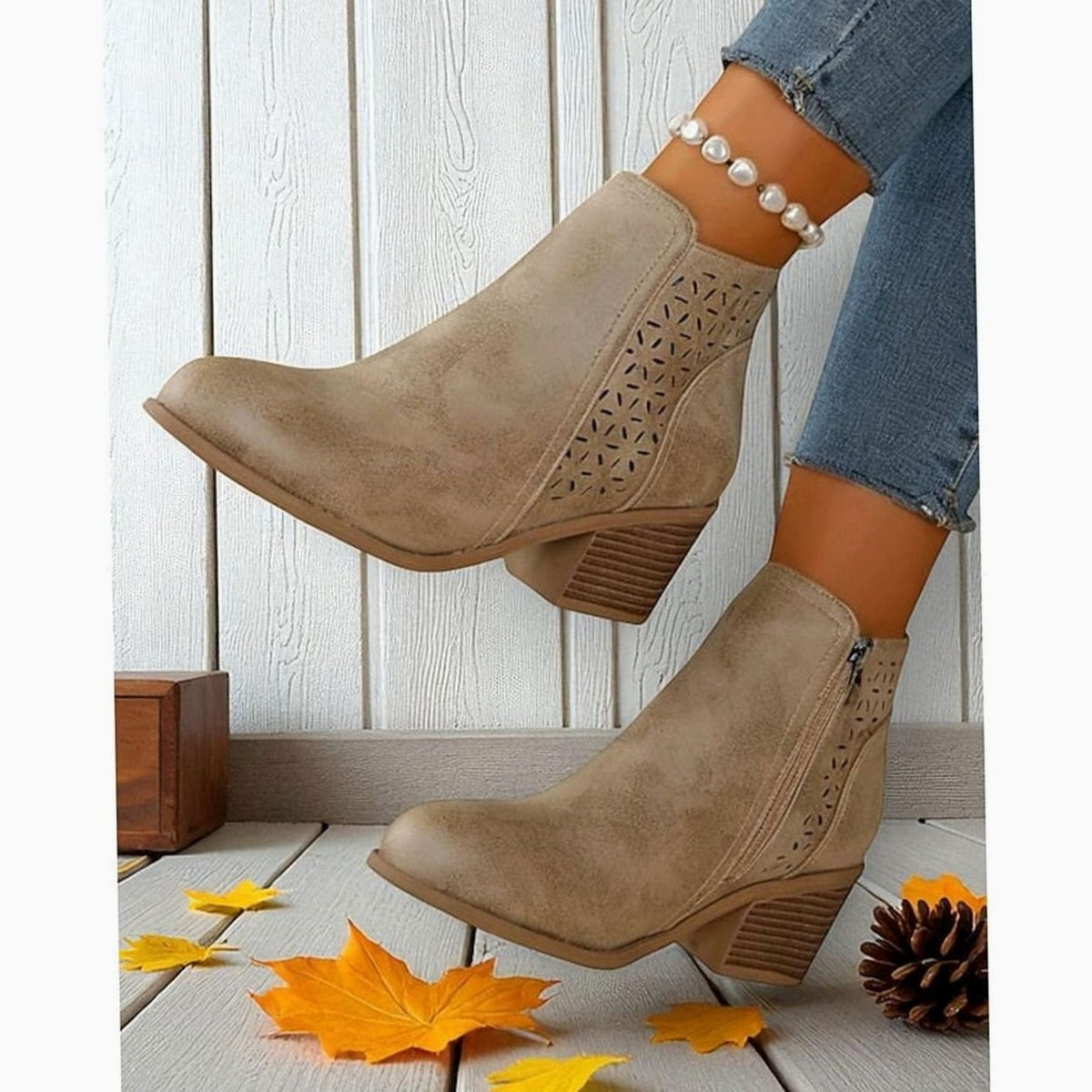 Women's Cutout Low-Heel Ankle Boots Side-Zip Booties