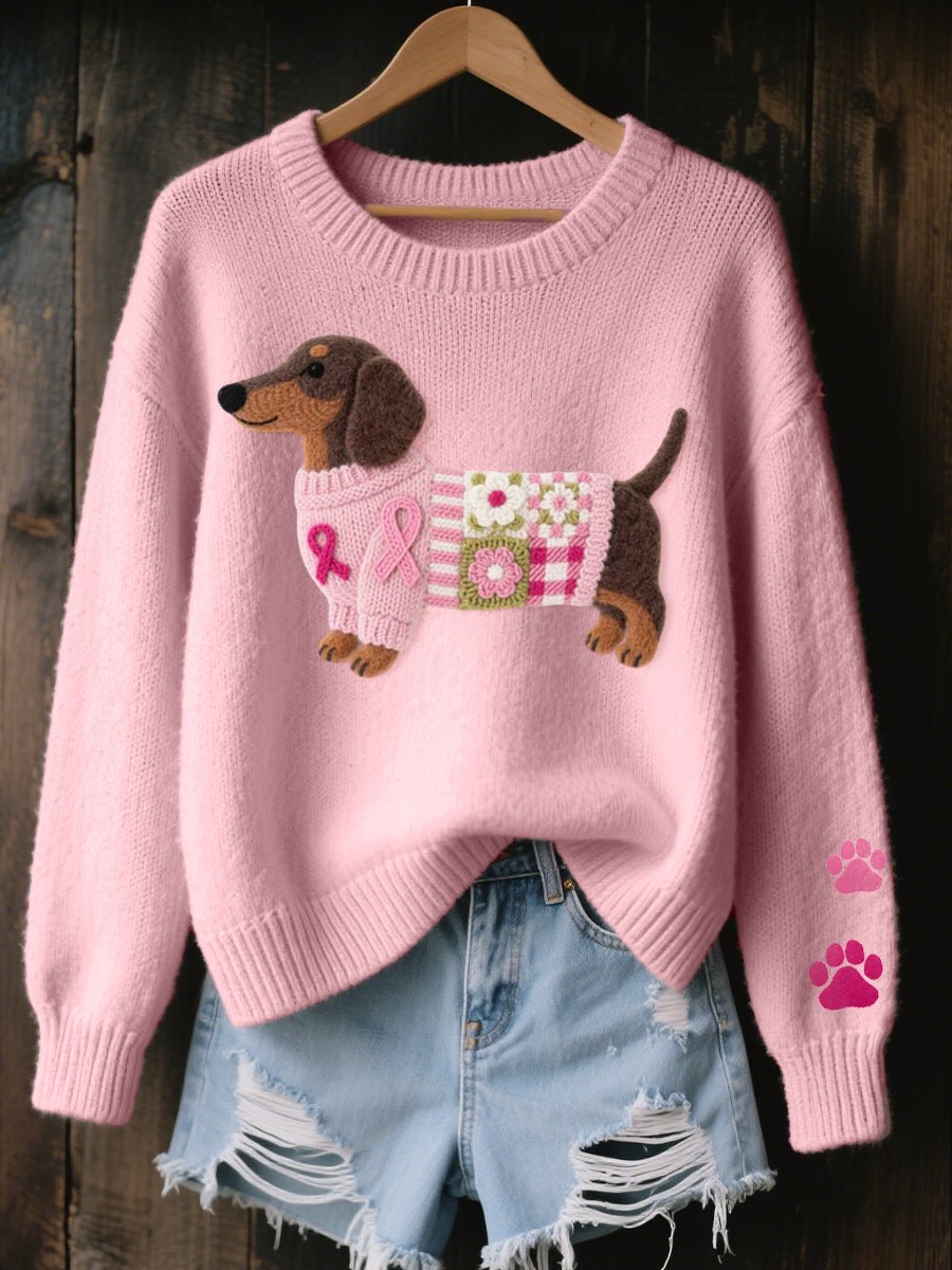 Women's Dachshund Patchwork Crewneck Knit Sweater - Pink