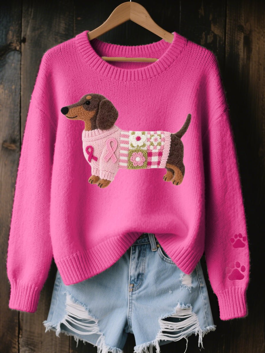 Women's Dachshund Patchwork Crewneck Knit Sweater - Dark Pink