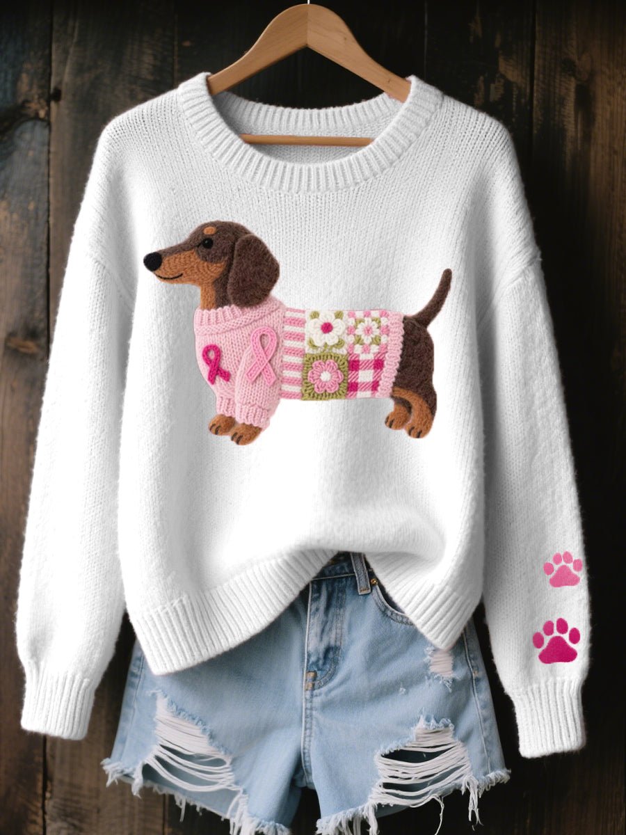 Women's Dachshund Patchwork Crewneck Knit Sweater - White