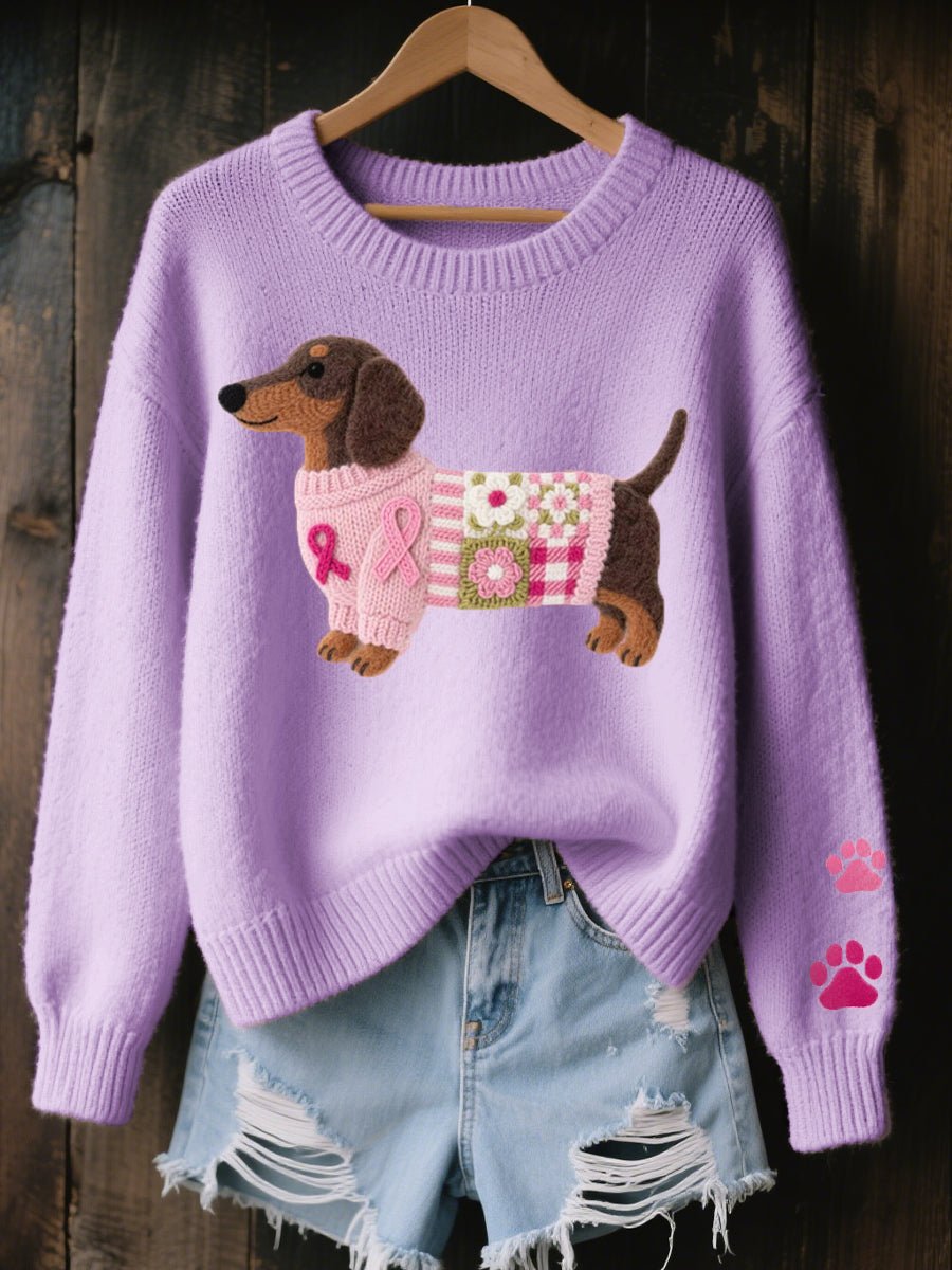 Women's Dachshund Patchwork Crewneck Knit Sweater - Purple