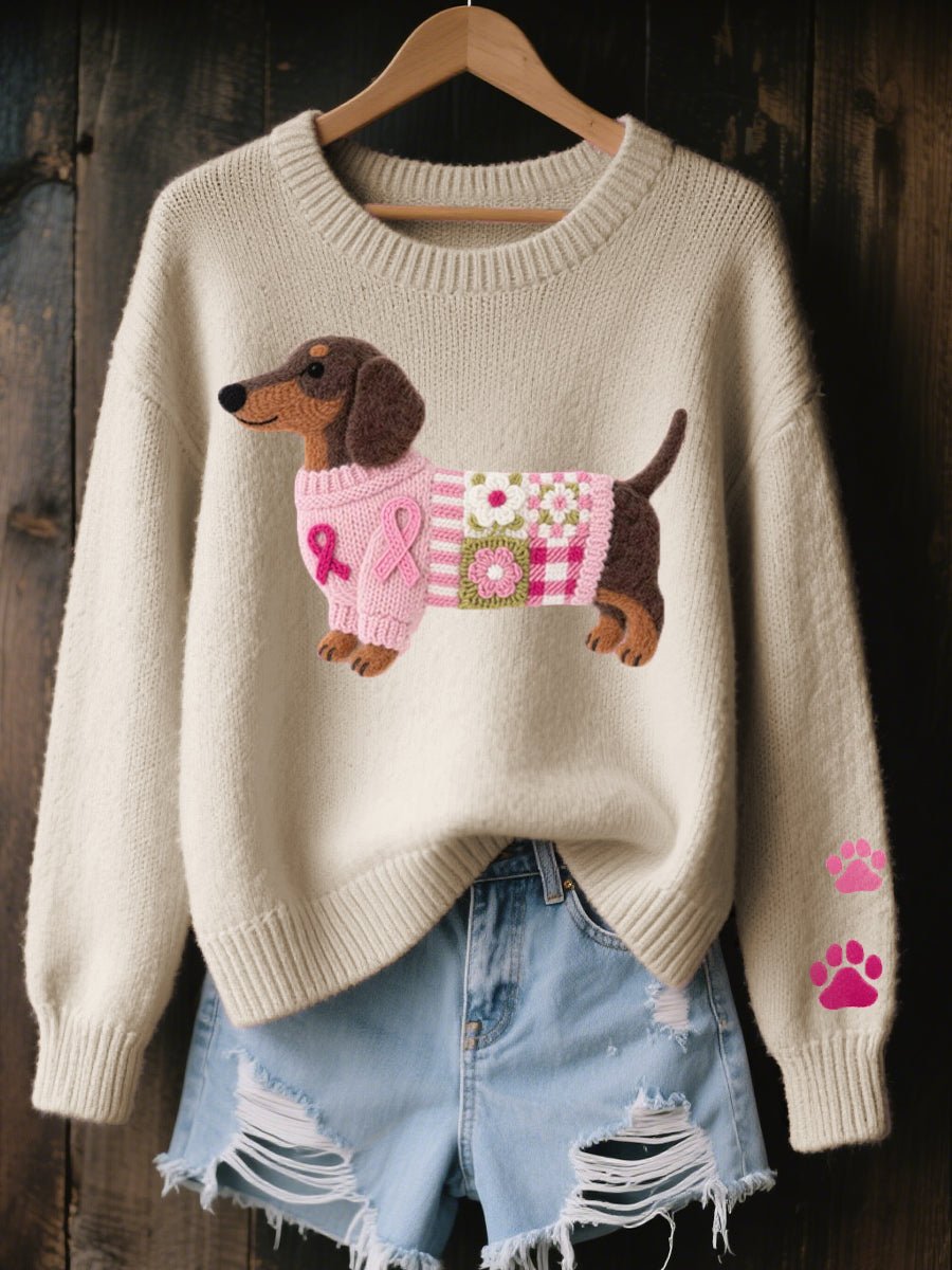 Women's Dachshund Patchwork Crewneck Knit Sweater - Beige