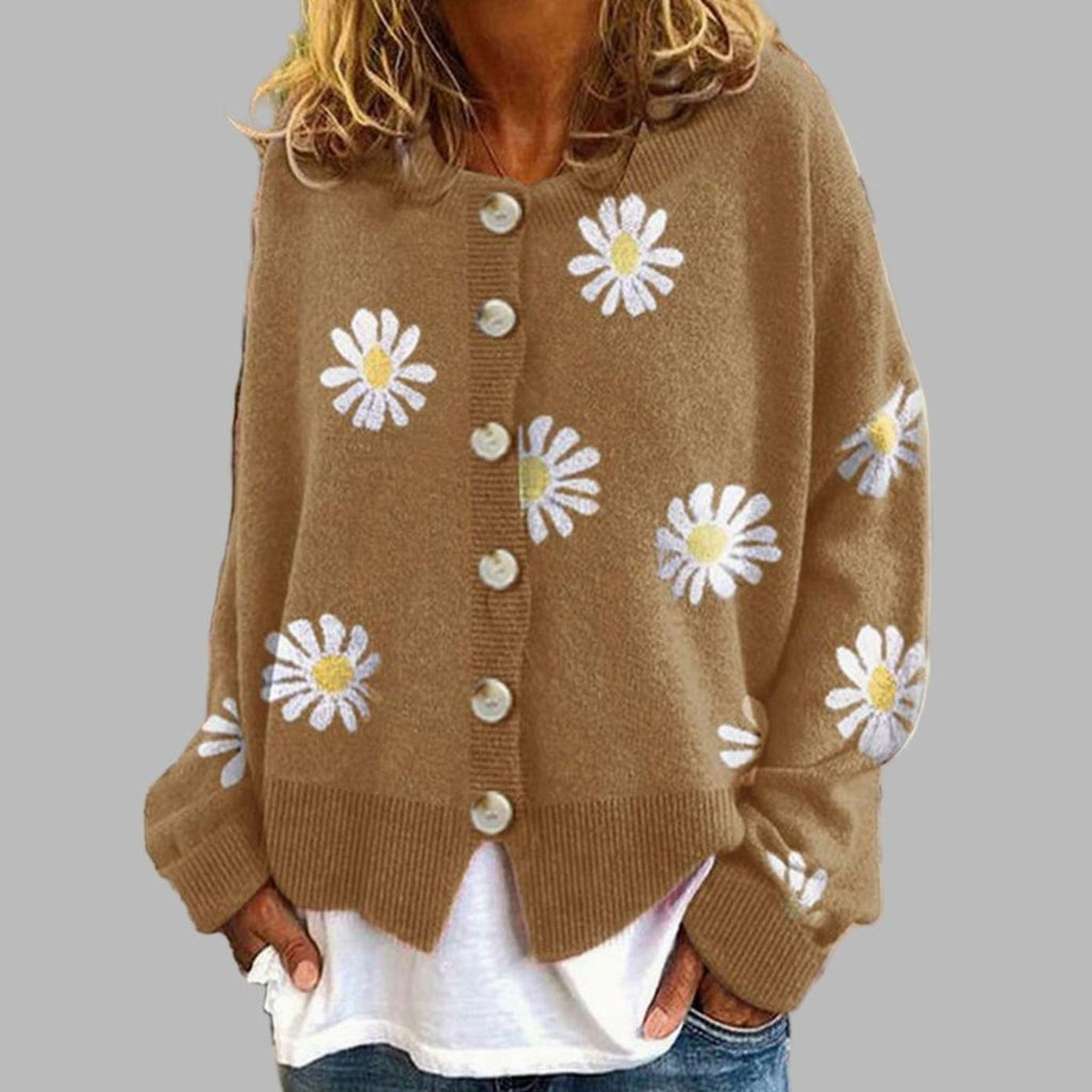 Women's Daisy Embroidered Button-Front Knit Cardigan - Khaki