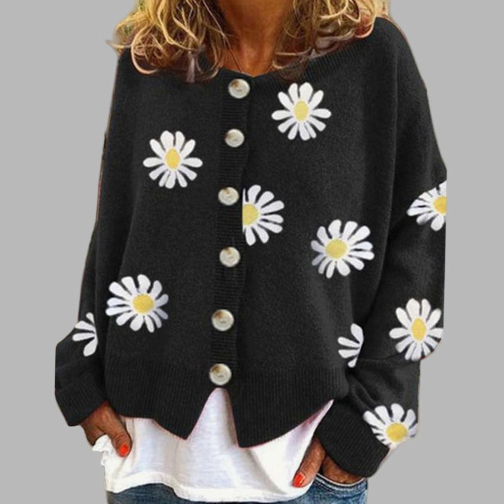 Women's Daisy Embroidered Button-Front Knit Cardigan - Black