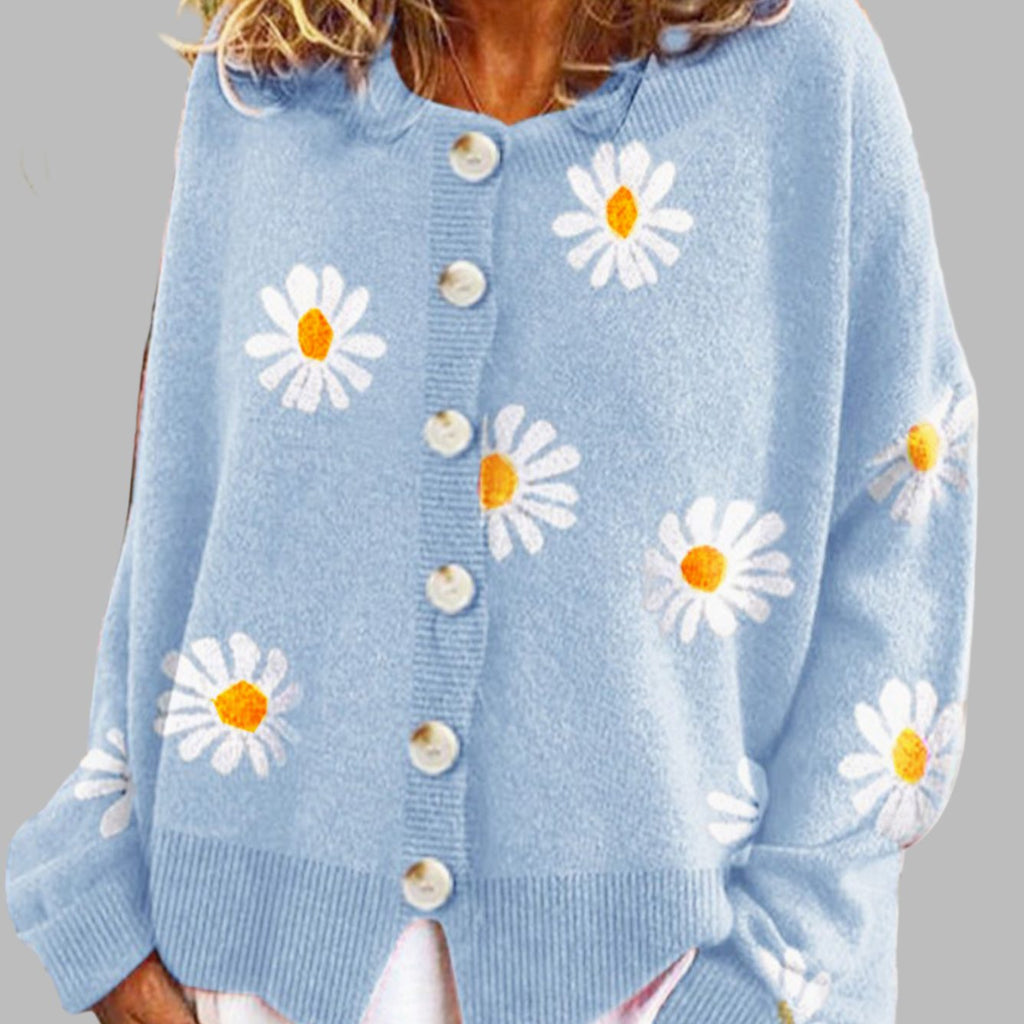 Women's Daisy Embroidered Button-Front Knit Cardigan - Blue