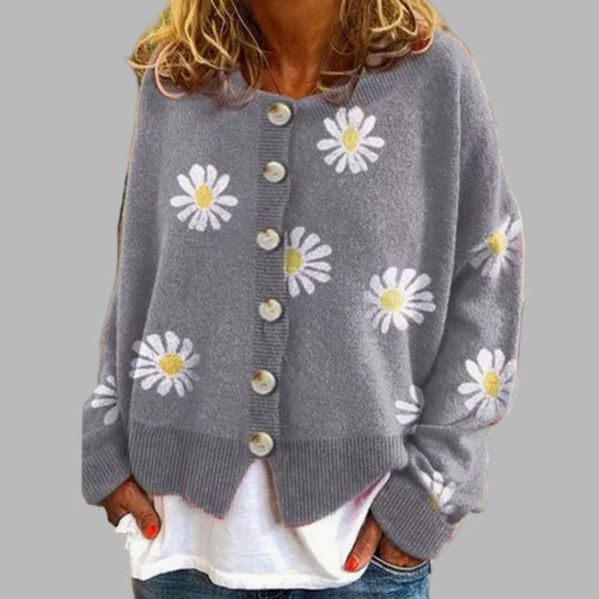 Women's Daisy Embroidered Button-Front Knit Cardigan - Grey